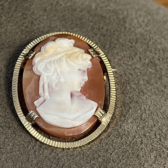 Vintage 1/20 12k Gold Filled Bal-Ron Art Deco Shell Cameo Pendant Brooch Pin